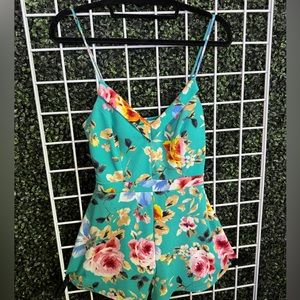 Fashion Nova - Floral Celebration Romper - Dark Mint/ Teal Blue - Size Medium